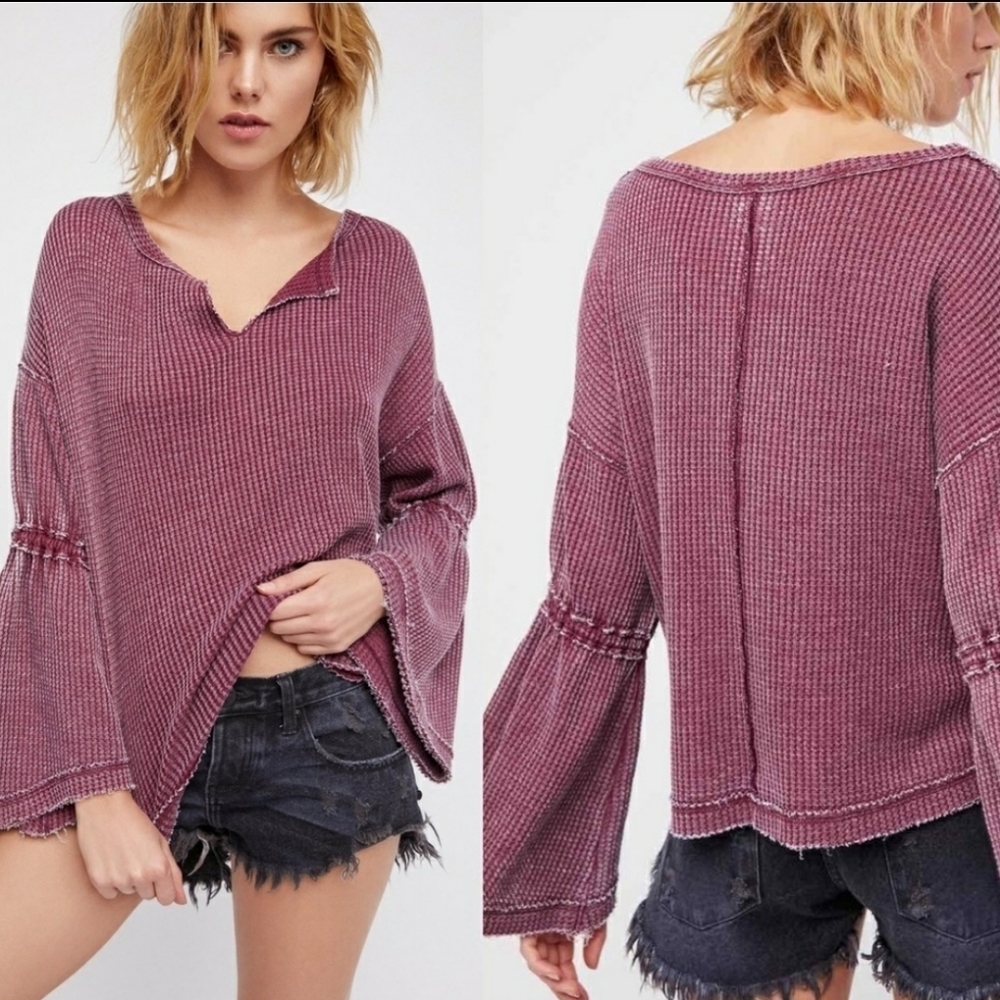 We the Free Dahlia Thermal Wine Waffle Knit Top Size Small
